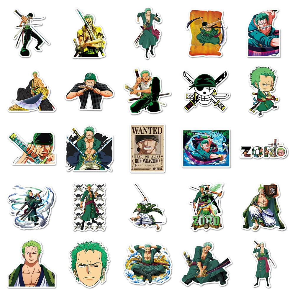 Roronoa Zoro-pegatinas de Anime de ONE PIECE, 10/30/50 piezas, grafiti impermeable, para monopatín, portátil, teléfono, calcomanías de dibujos