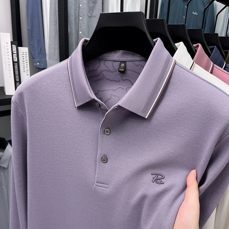 

2025 new men's long sleeved T-shirt for middle-aged and autumn high-end lapel casual polo shirt