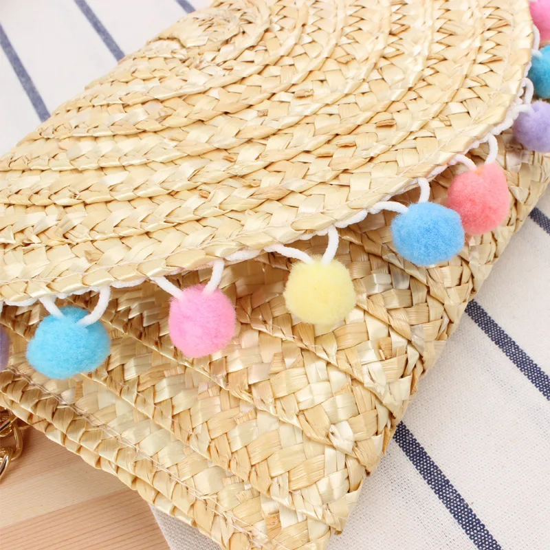 Beach Casual Women's Bags Large Capacity Straw Woven Cute Travel Shoulder Bag with Lovely Ball Decoration