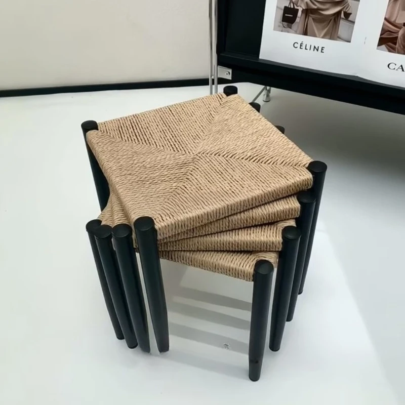 Rattan stool hand-woven square home living room low stackable hospitality spare stool retro Chinese style