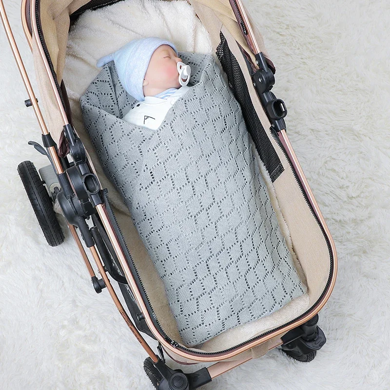 Selimut bayi baru lahir, rajut, bayi perempuan anak laki-laki, tempat tidur bayi selimut Fashion Hollow Out, kereta dorong balita, Super lembut 100*80CM