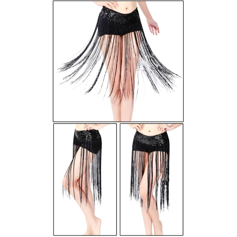 Womens Belly Dance Sequins Waist Chain Skirt Long Tassels Hip Scarf Dancewear