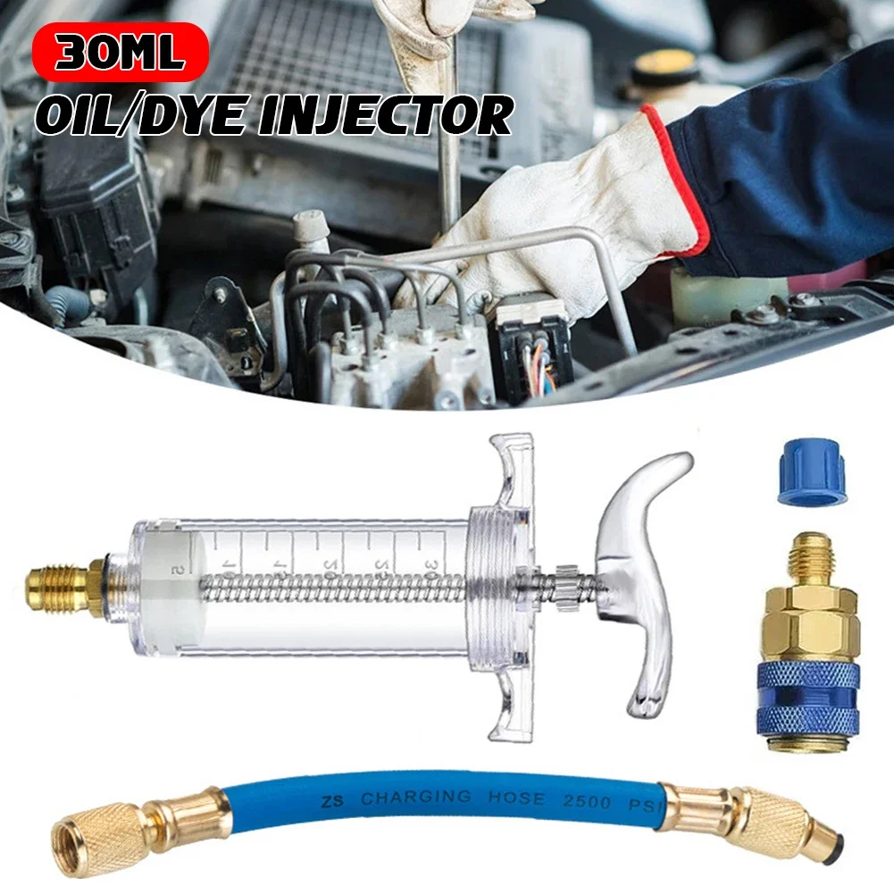 

Car A/C Oil/Dye Injector 30Ml 1Oz with Low Side Quick Coupler Adapter 1/4 Air Conditioning Automotive Oiler Injection Syringe