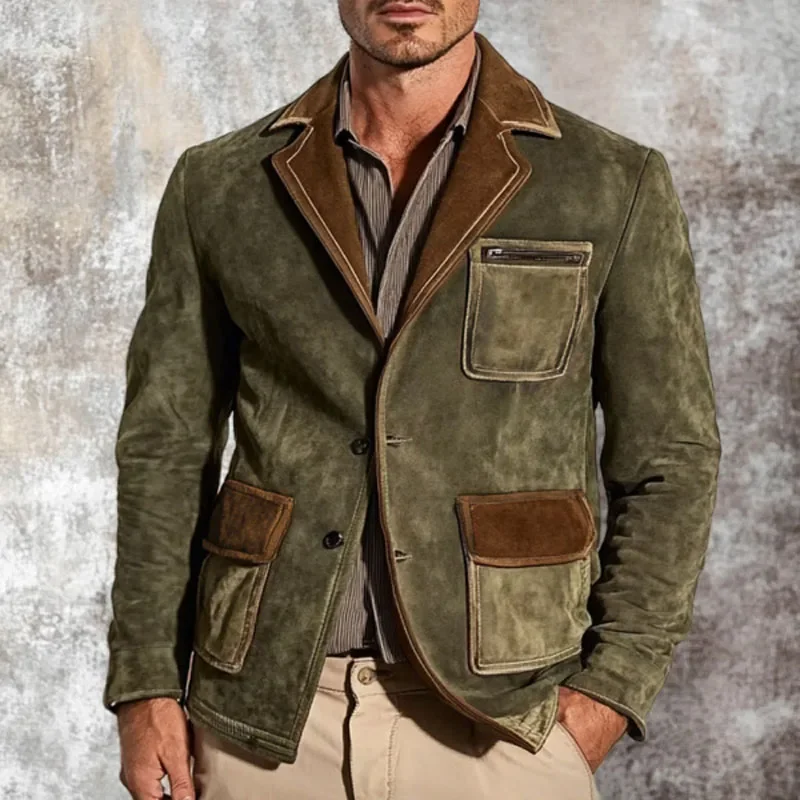 

Винтажные лоскутные куртки на пуговицах с лацканами для мужчин, модные бархатные куртки с карманами, пальто, мужские осенне-зимние стильные уличные пальто для мужчин