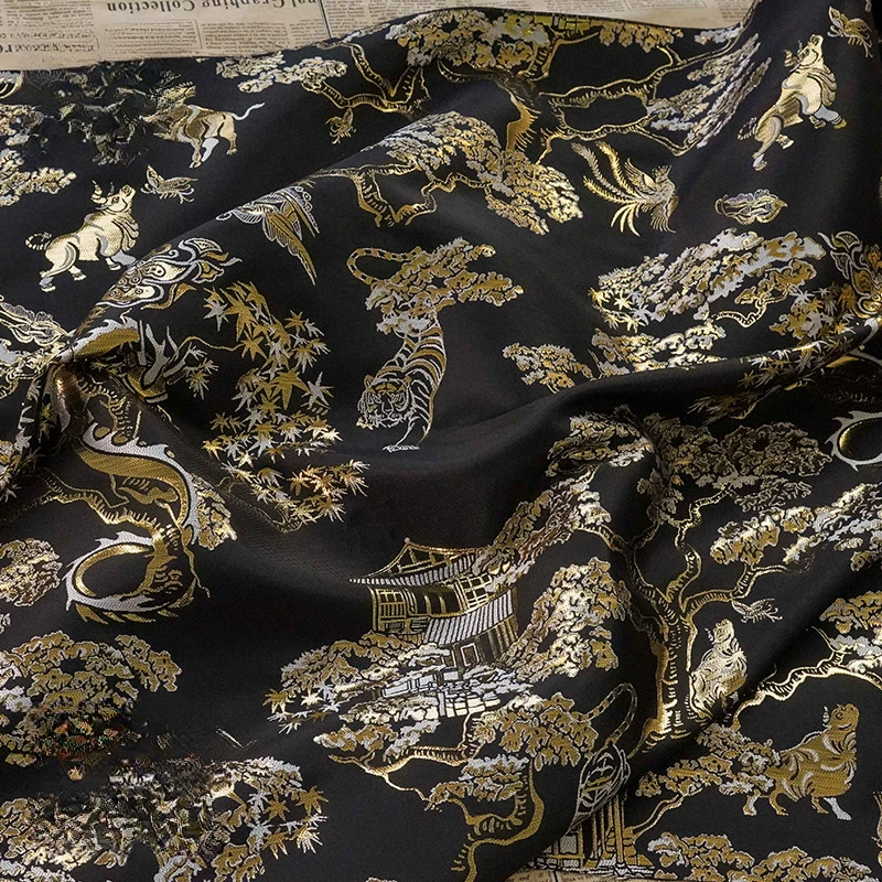 

Gold Silk Dragon Tiger Pattern Jacquard Fabric Retro Dress Vest Coat Decorative Sewing Fabric