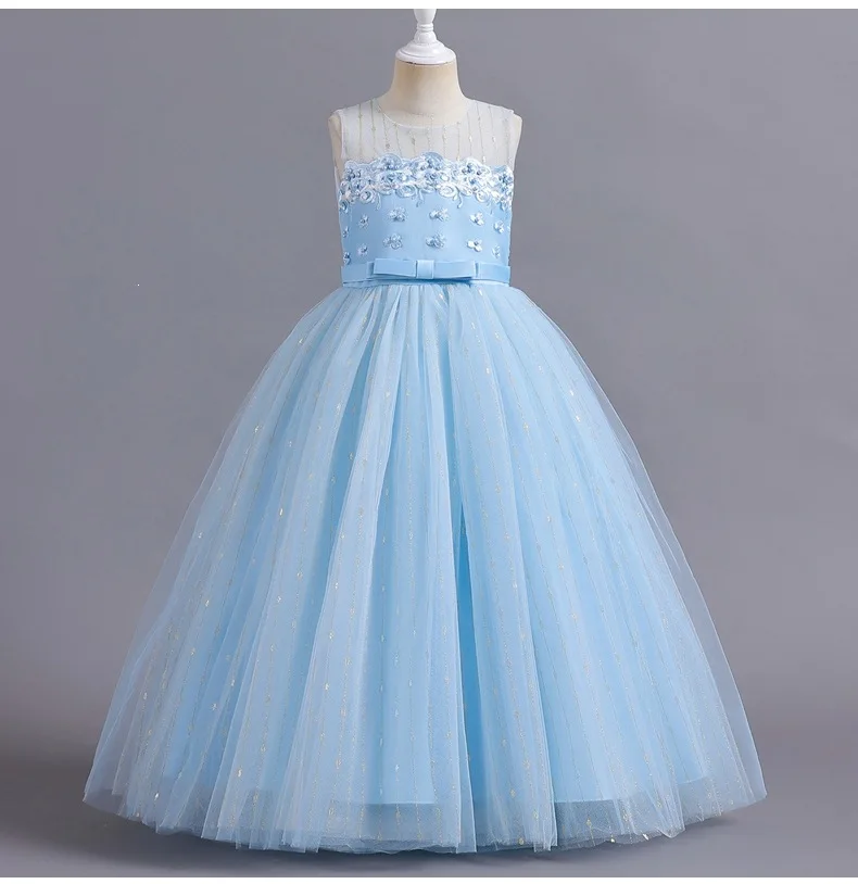 Girl Dress Sleeveless Sky Lace Floral Appliques Kids Princess Long Gown Glitter Tulle Split Skirt Wedding Birthday Party Dress