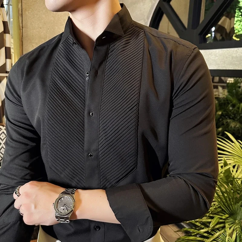 Men Dress Shirt Fashion Long Sleeve Business Social Shirt Male Solid Color Button Down Collar Work White Black Shirt 4XL