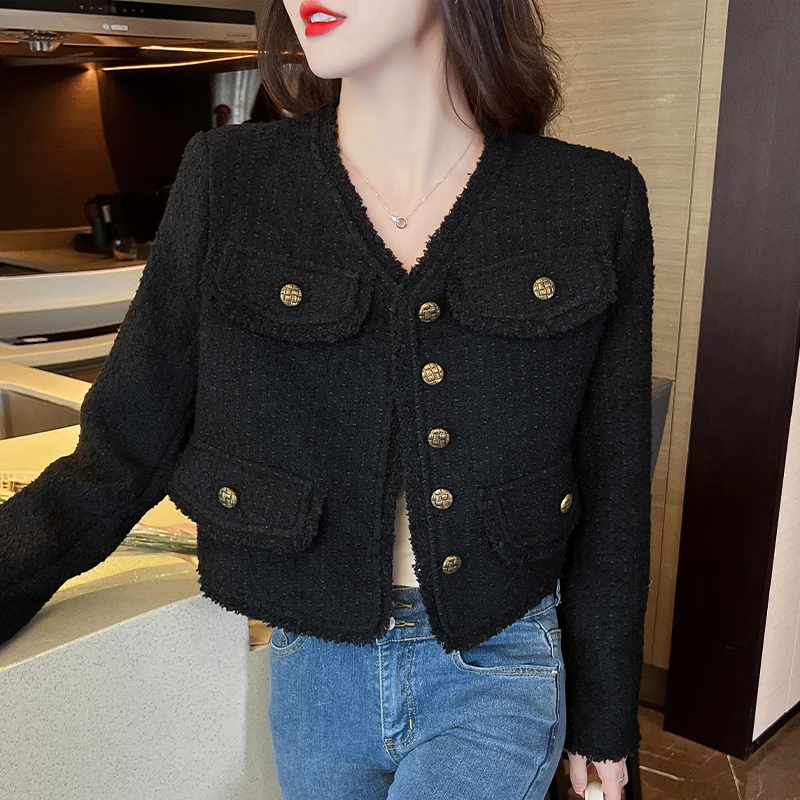 Elegant Short Outerwear Black Loose Fit Name Lady Top Fashionable Spring Autumn Polyester Fiber Warm Single Piece Daily Use