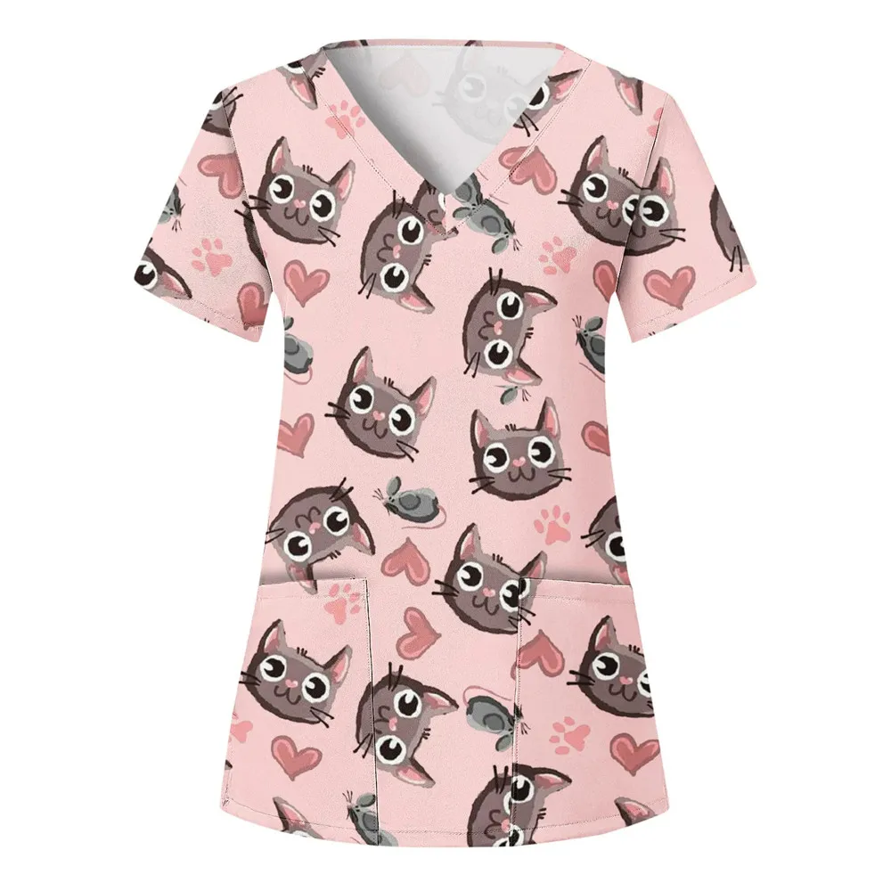 Uniforme d'infirmière pour femme, t-shirt à col en Y, chat, chien, dessin animé imprimé, manches courtes, poches, médical, femme