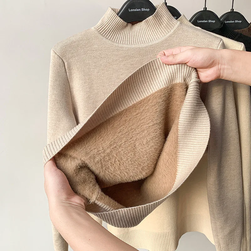 Women Half Turtleneck Fleece Lined Sweater Long Sleeve Thick Warm Solid Color Slim Fit Basic Thermal Knit Top