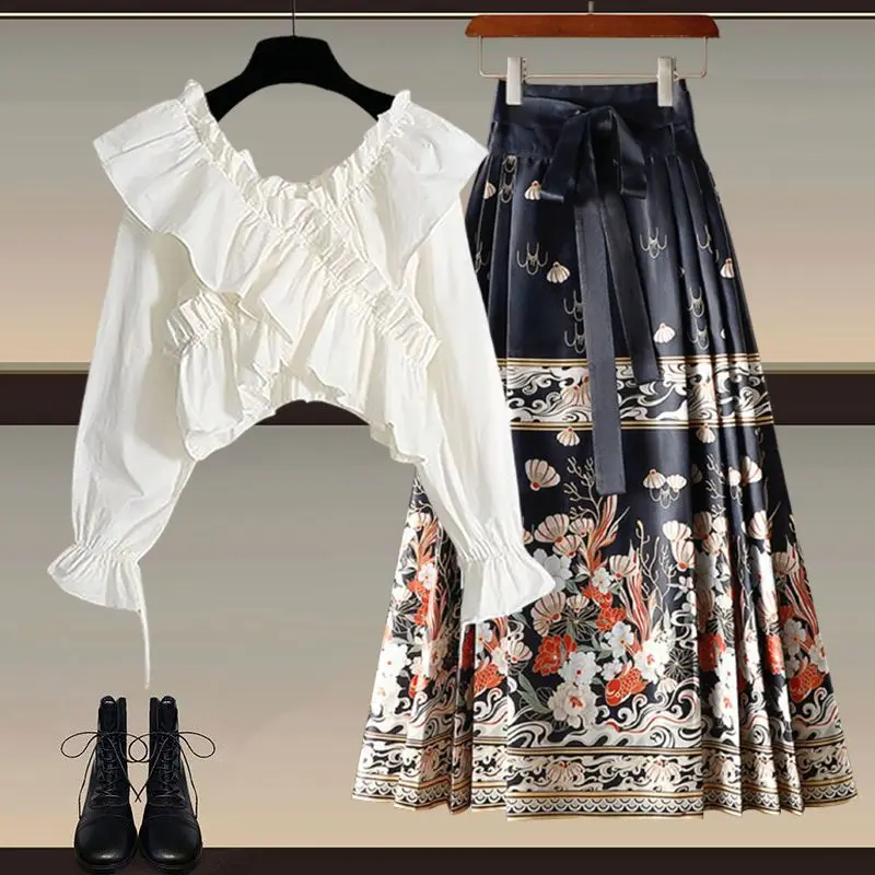 

Новый комплект в китайском стиле 2026: юбка с высокой талией и приталенная рубашка, модный национальный тренд, комплект из двух предметов, новый китайский стиль, юбка Ханьфу.