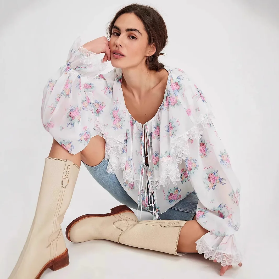 

2025 Summer New Women's Wide-belt Open Cardigan, Loose Blouse with Lace and Chiffon