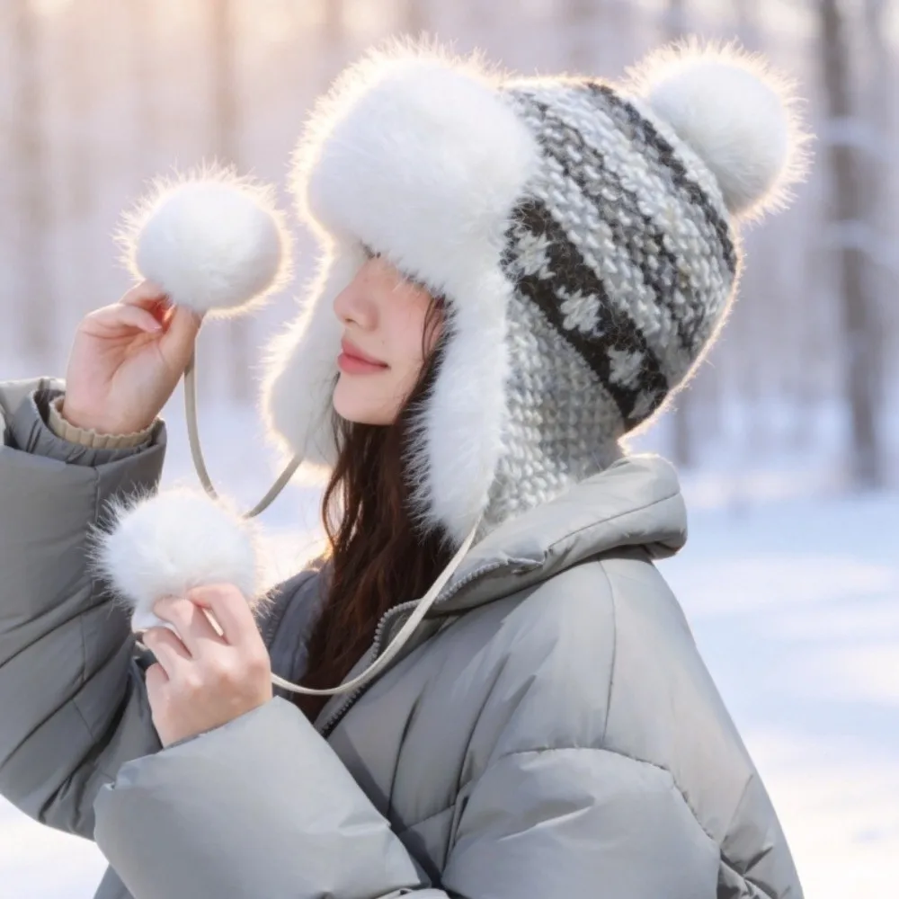Stylish Polyester Knitted Trapper Hat Pom Poms 55-58cm Head Circumference Ushanka Hat Winter Hat For Women