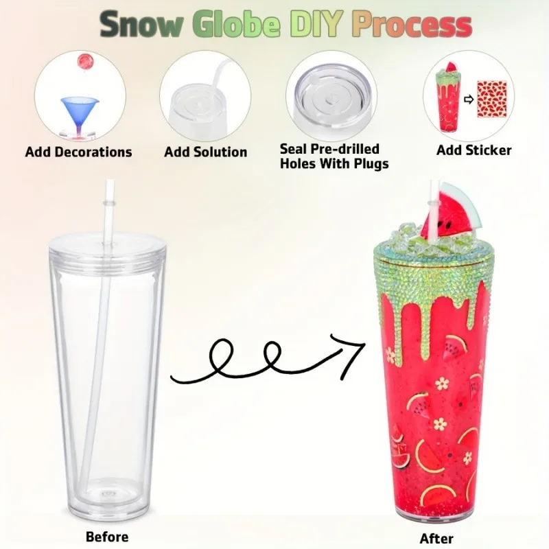 2PC DIY Glitter Tumbler Cup with Straw Sparkly Water Bottle Customizable Reusable Craft Kit for Kids Teens Summer Gift Party Fun
