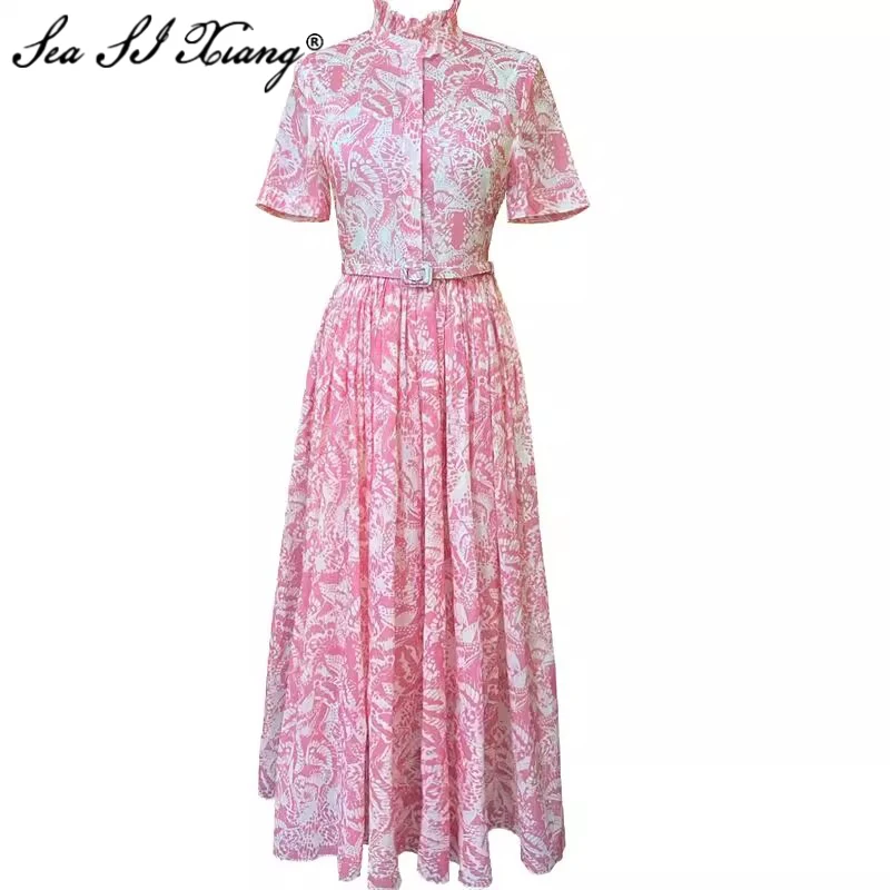 

Seasixiang Fashion Designer Spring Cotton Dress Women Stand Collar Short Sleeve Single Breasted Belt Vintage Print Long Dresses
