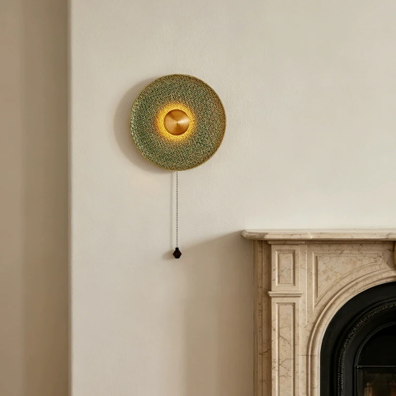 Modern Art Green Ceramics Wall Lamp Creative Woven Pattern Disc LED Wall Sconces Balcony Sofa Atmosphere Home Decoration Fixture
