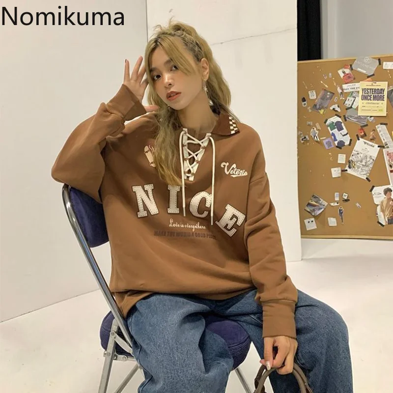 Nomikuma البلوز ربيع الخريف التباين اللون رسالة طباعة فضفاض الجمالية سوداديراس موضة Harajuku Preppy Y2k الشارع الشهير