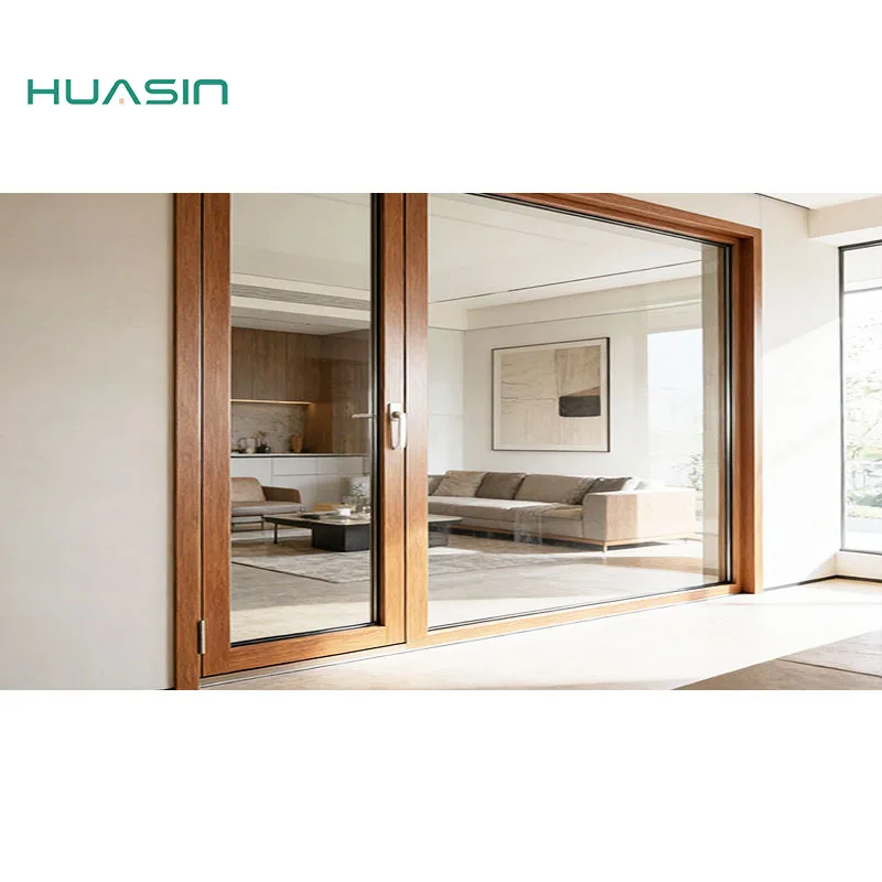 Huasin Oem Modern Design Large-Size Double Glazed Tempered Glass Sound Insulation Aluminum-Clad Wood Sliding Door