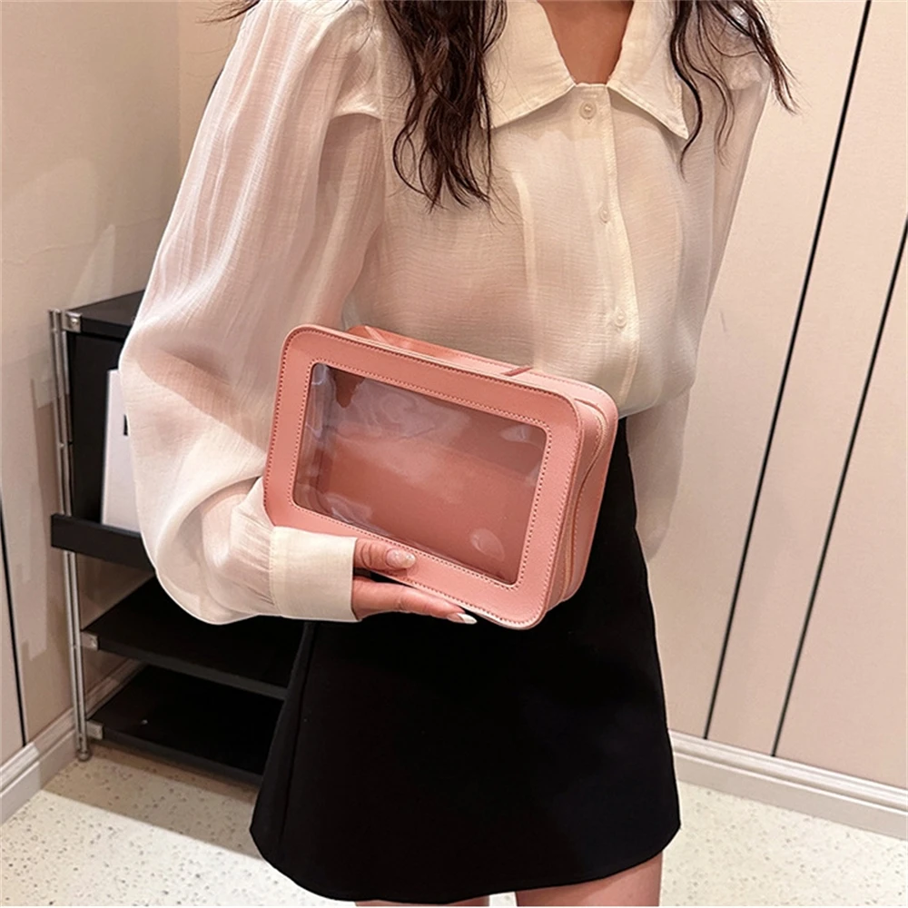 Borsa per il trucco in pelle PU per donna custodia per cosmetici portatile trasparente di grande capacità Fashions borsa da viaggio portatile per il