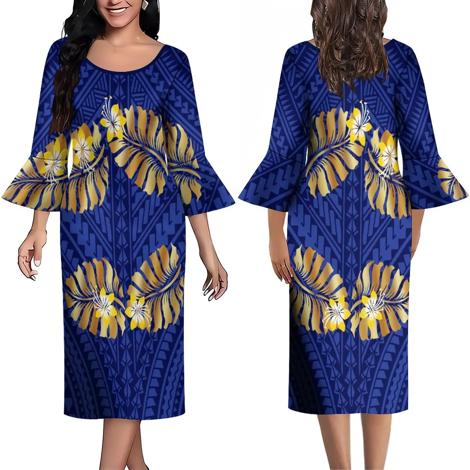 

Polynesian Custom Women's Dress Summer Dress Long Sleeve Ruffled Cuff Fluffy Design Slim Dress Banquet High Quality Dress