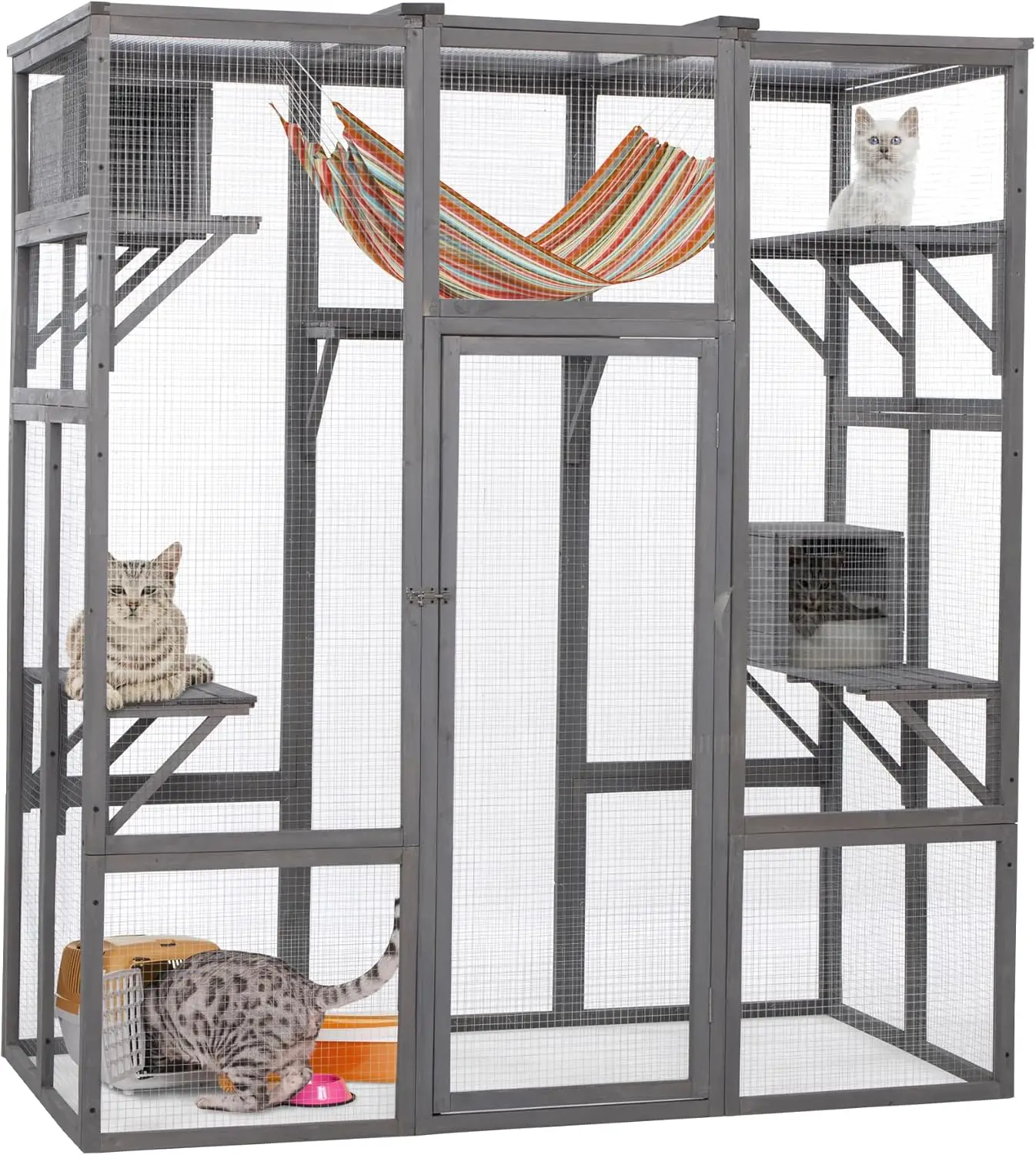 

Catio Outdoor Cat Enclosure, Large Wood Cat Cage with Sunlight Top Panel, Perches, Sleeping Boxes, Wooden Cat Cage Condo