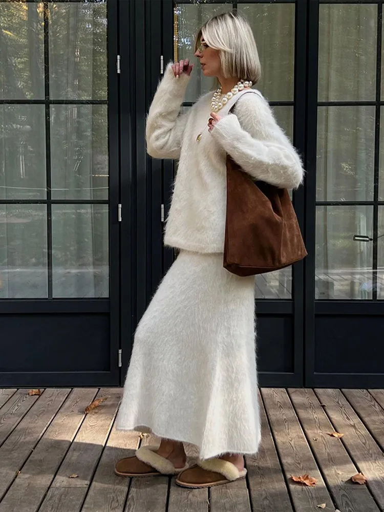 Women Chic Solid Mohair Sweater Long Skirt Suits Casual O Neck Long Sleeve Pullover Loose Skirts Autumn Chic Lady Street Outfits