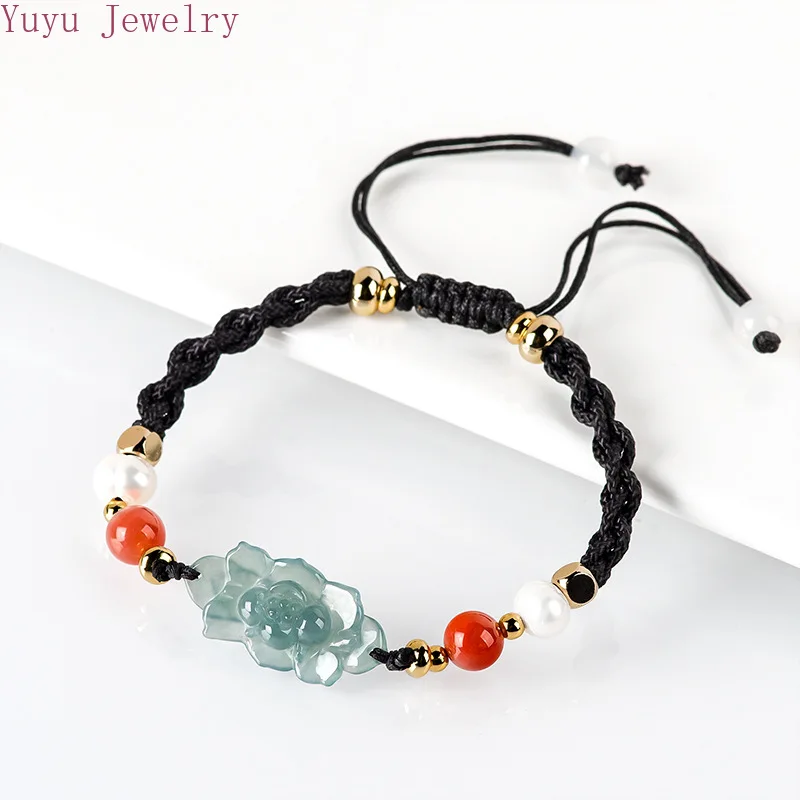 Natural A-grade Jade Blue Water Lotus Bracelet for Men and Women Couple Gift Bracelet Jewelry