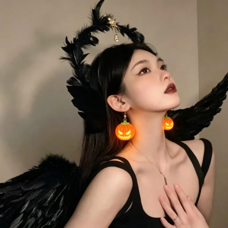 2pcs/LED Light Up Pumpkin Earrings,Glowing Jack O Lantern Drop Earrings with Flashing Modes, Halloween Costume Jewelry for Party