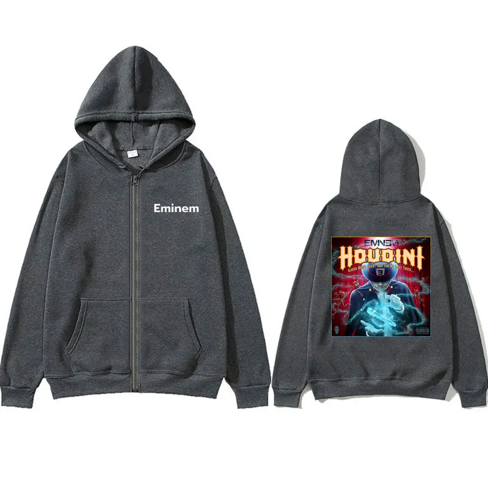 Rapper Eminem The Death of Slim Shady Houdini Hip-hop Album Graphic Zipper Hoodie Men Hip Hop Fashion Oversized Zip Up Jacket