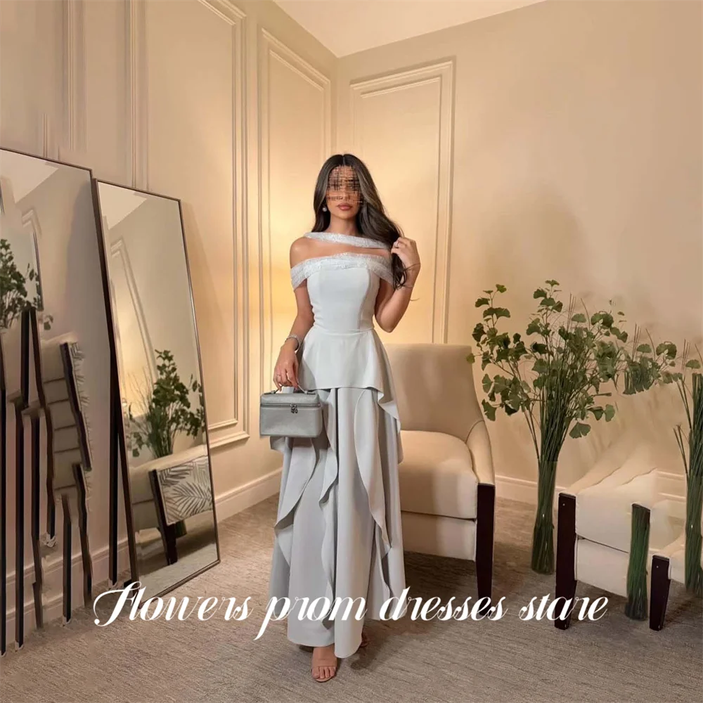 

Flowers Light Grey Prom Dresses Off the Shoulder Evening Dress A Line Satin Party Dress Wave Hem vestidos de fiesta Customized
