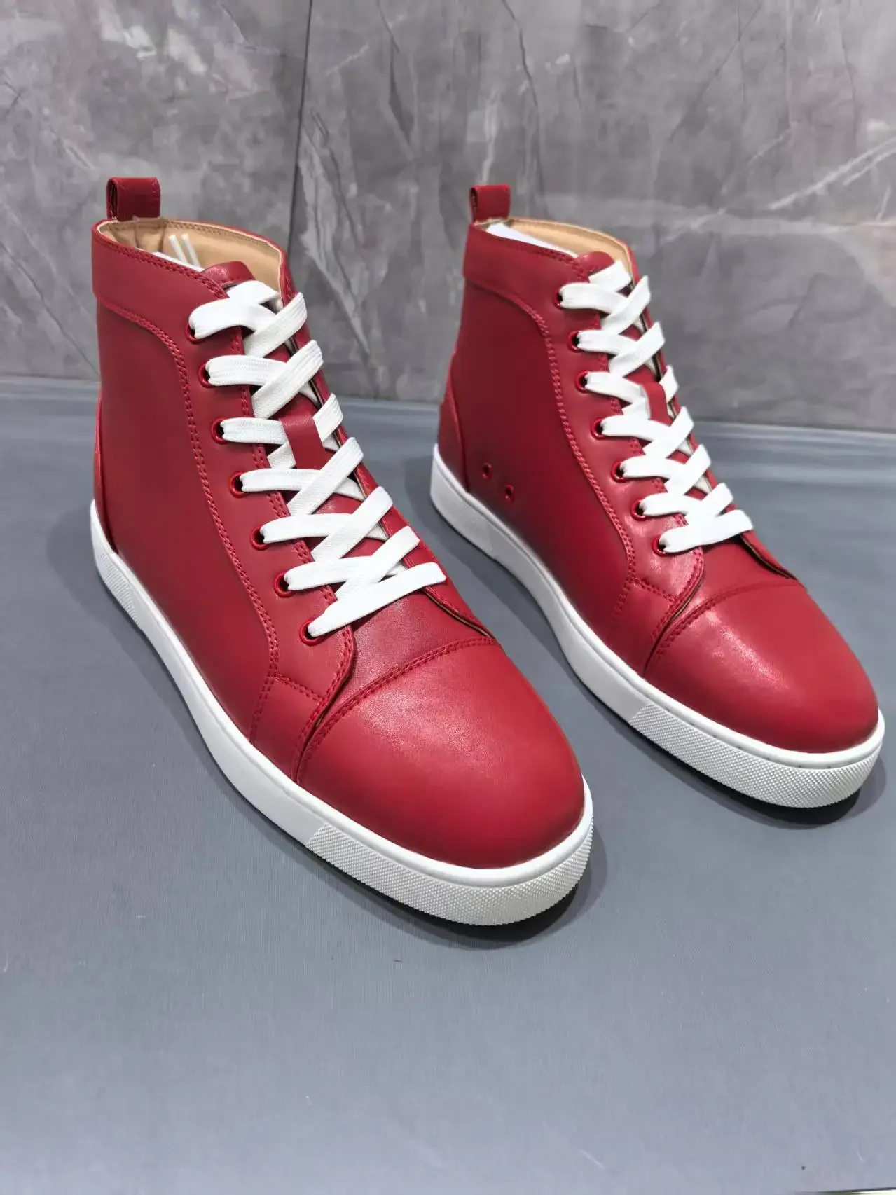 

High-Top Sneakers Female Flat Sole Zapatillas New Red Color Leather White Shoelace Lace-Up Women Casual Sports Shoes Round Toe