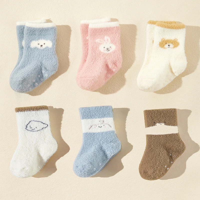 3Pairs Baby Socks Cartoon Rabbit Bear Dog Newborn Girl Mid Tube Socks Autumn Winter Plush Warm Non-slip Floor Sock