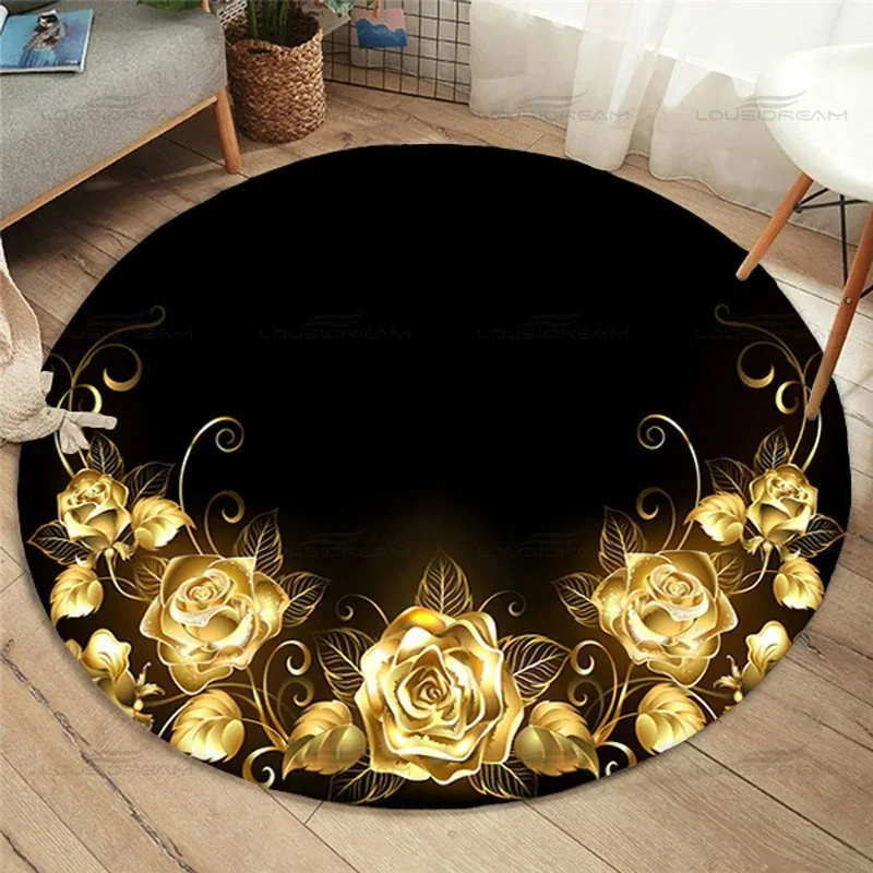 Gold rose printed pattern round carpet home decoration living room sponge anti-slip mat bedroom bathroom absorbent floor mat