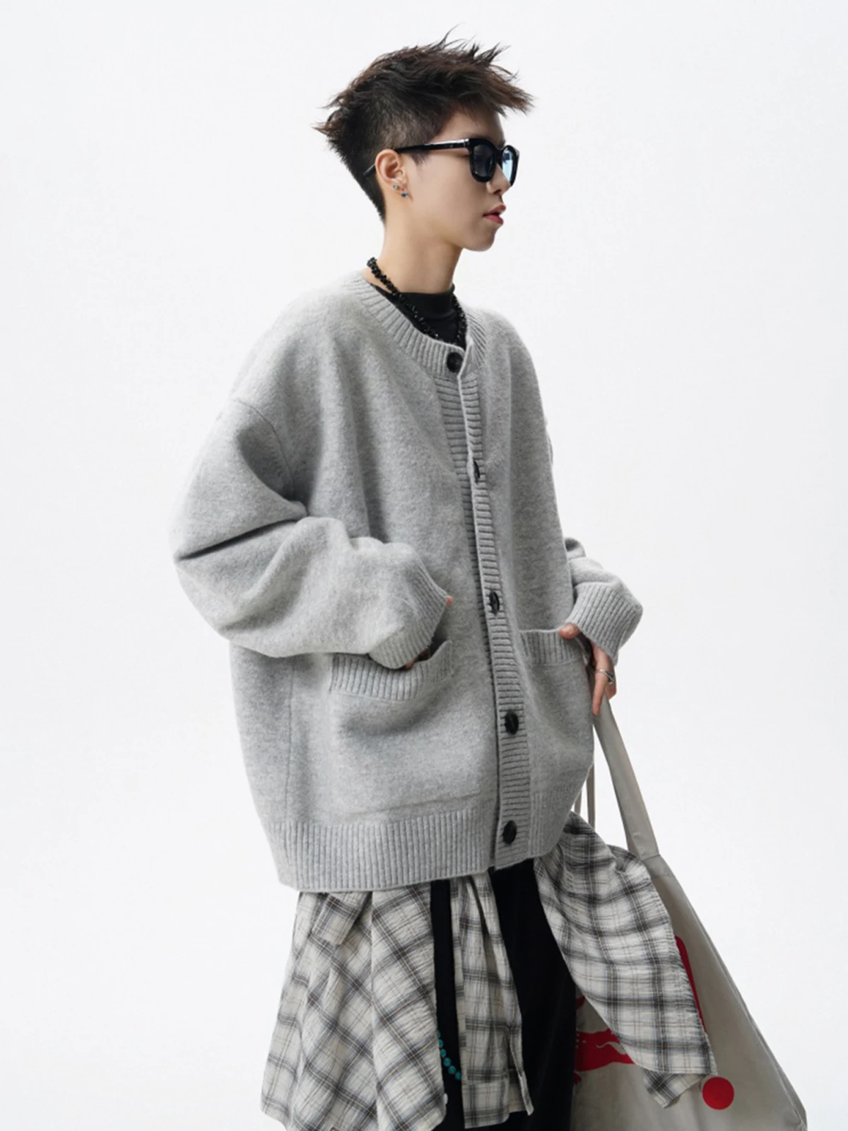 Spring and Autumn New American Retro Men's Light Gray Cardigan Sweater Couple High Street Large Pocket Casual Dark Gray Cardigan