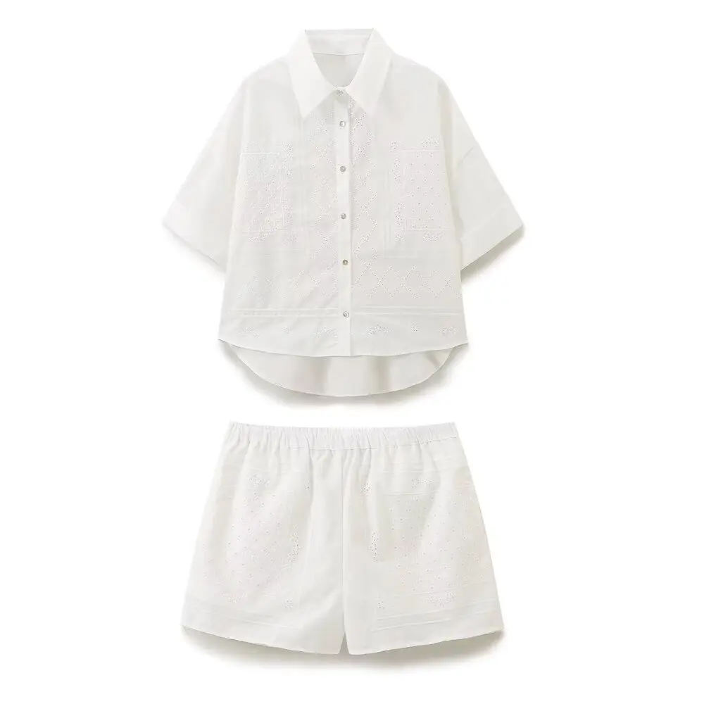 

ZBZA Women's Simple Embroidered Shirt Shorts Suit Lapel Single-breasted Top High Waist Solid Shorts Spring Summer New Chic Set