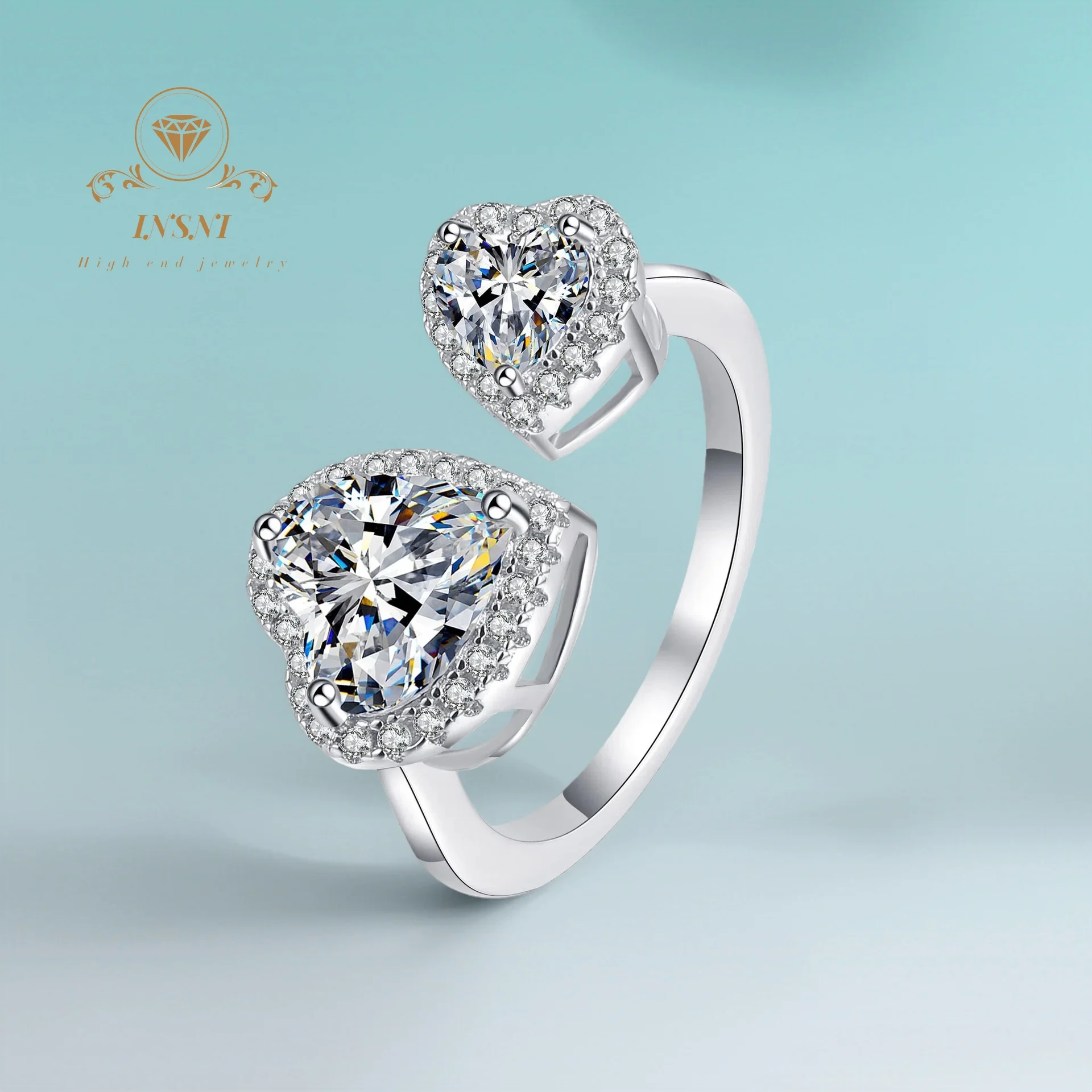 

2.5Ct 925 Silver Adjustable Heart Linked Moissanite Ring Platinum Plated Elegant Ins Style Certified Free Gift For Women