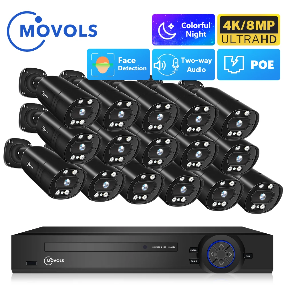 Movols 4K 16CH XMEYE POE Security Camerae System 5MP 8MP Two Way Audio CCTV Camera System AI P2P Video Surveillance Kit