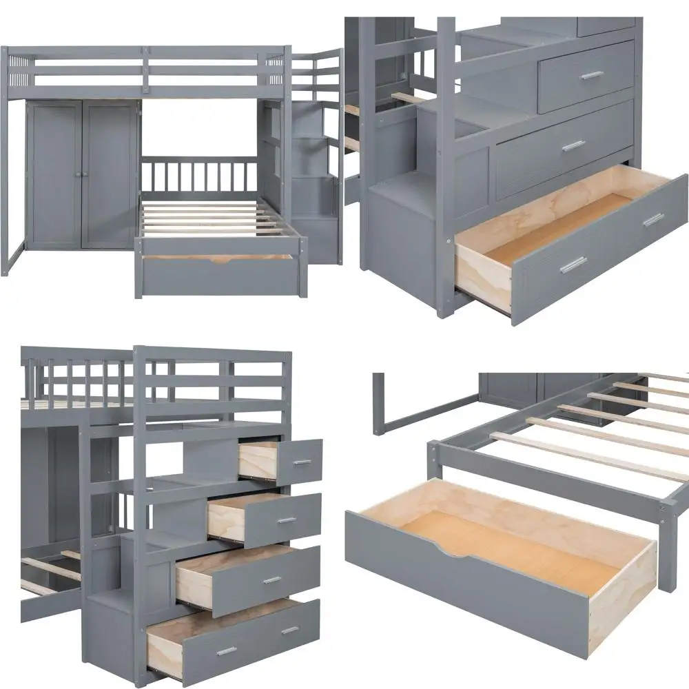 

Twin Bunk Bed with Safety Rail, Storage Stairs, Wardrobe, Desk, Space-Saving, Easy Assembly, Suitable for Boys, Girls, Teens, Gr