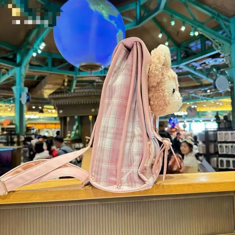 디즈니 더피 셀리메이 귀여운 아카데미 스타일 플러시 더블 버튼 지퍼 대용량 학생 배낭 여행 배낭 소녀 선물