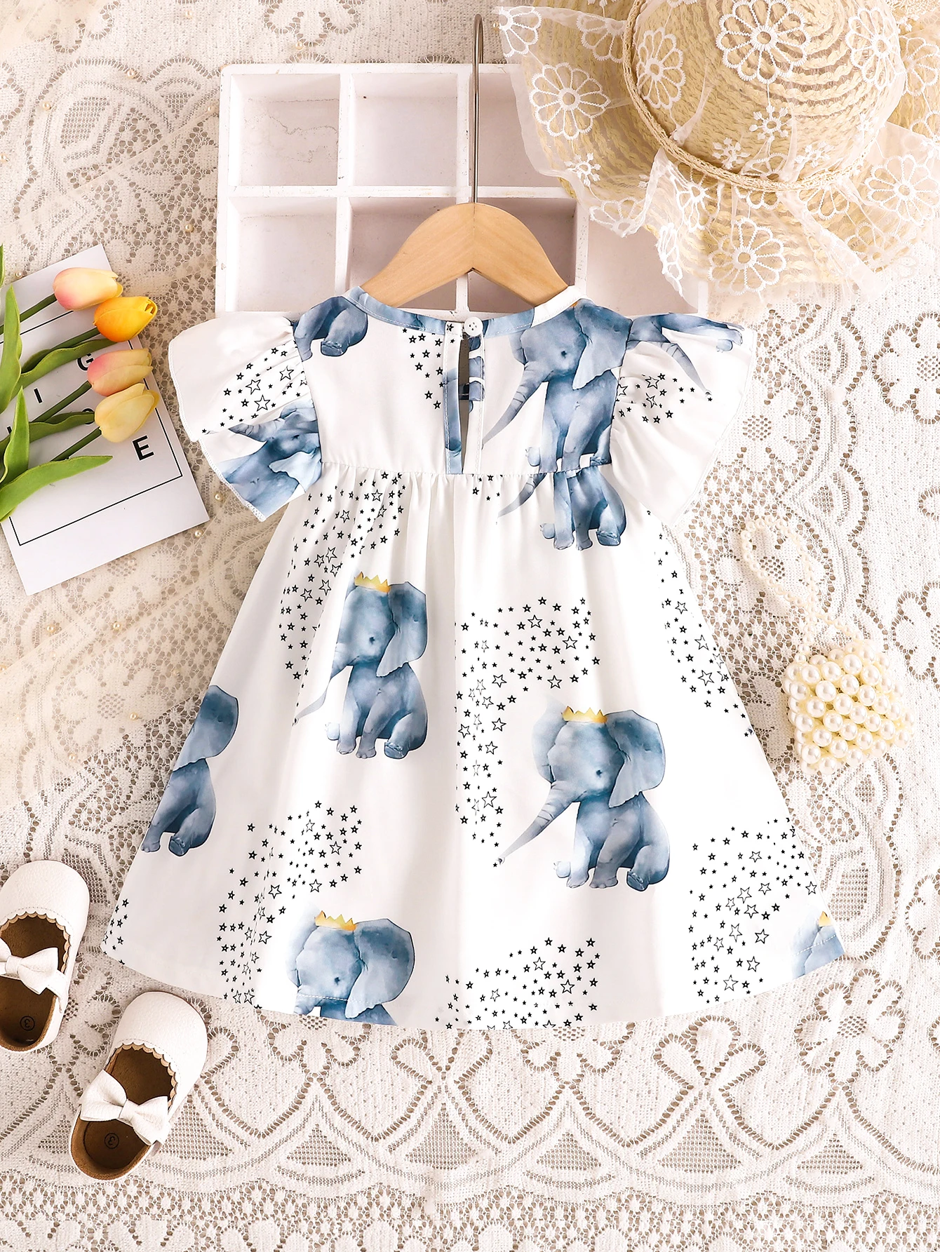 2024 Summer Outfit For Baby Girls:Casual Elephant Print Fly Sleeve Dress Infant Newborn Fahion Clothes 0-36M