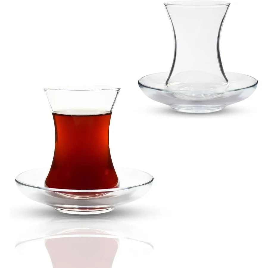 طقم زجاج شاي تركي بتصميم خصر نحيف ونعل سميك للاحتفاظ بالحرارة بشكل ممتاز مثالي لخدمة 24 شخصًا يتضمن 2