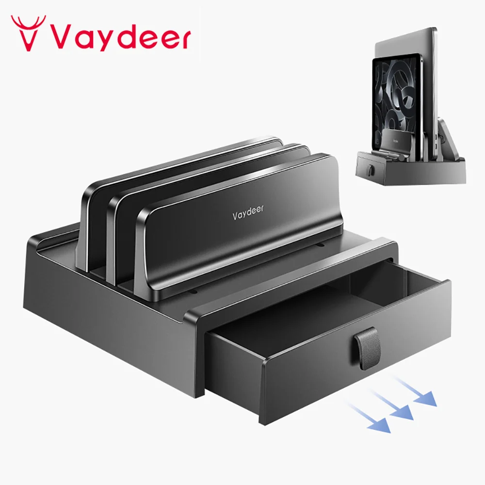 Vaydeer Vertical Laptop Stand with Drawer, Dual Slots Plastic Laptop Holder with Space Saving 4-in-1 Design, Adjustable Laptop