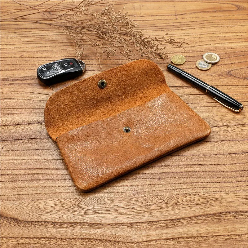 Retro Vegetable Tanned Top Layer Leather Long Wallet Unisex Ultra Thin Genuine Leather Clutch with Snap Button Minimalist Bag