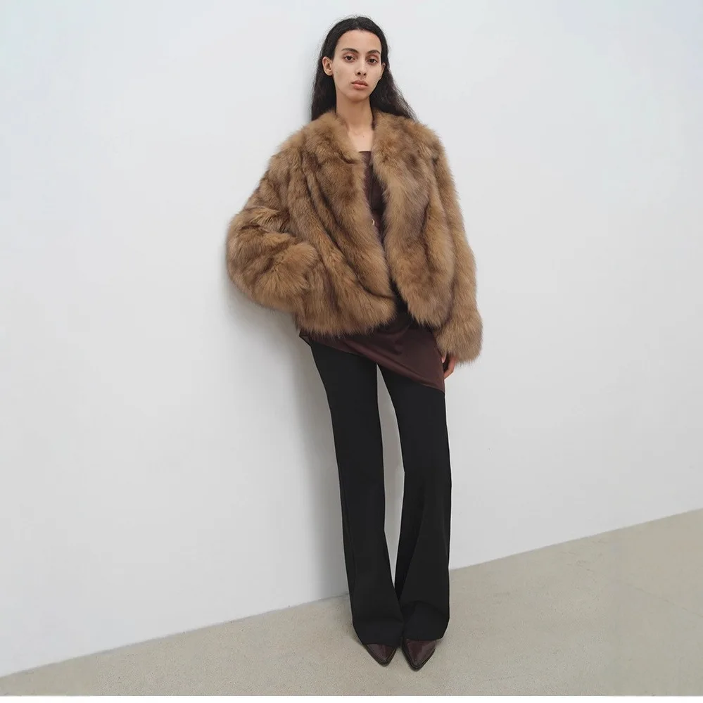 Cinatge براون الشتاء النساء معطف الفرو البيئي الخامس الرقبة مصممة فو الثعلب معطف جلد للإناث مفصلة سيدة الاصطناعي معطف الفرو القصير #3