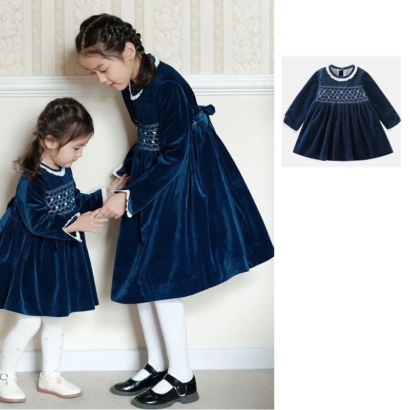 Girls Dress 2026 Winter New Blue Printed Fashion Bow Long Dress Cotton Velvet Thickened Warm Birthday Party Girls Princess Dress