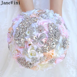 JaneVini-ramo De flores artificiales De cristal para boda, ramo De novia con cuentas De perlas brillantes, De lujo