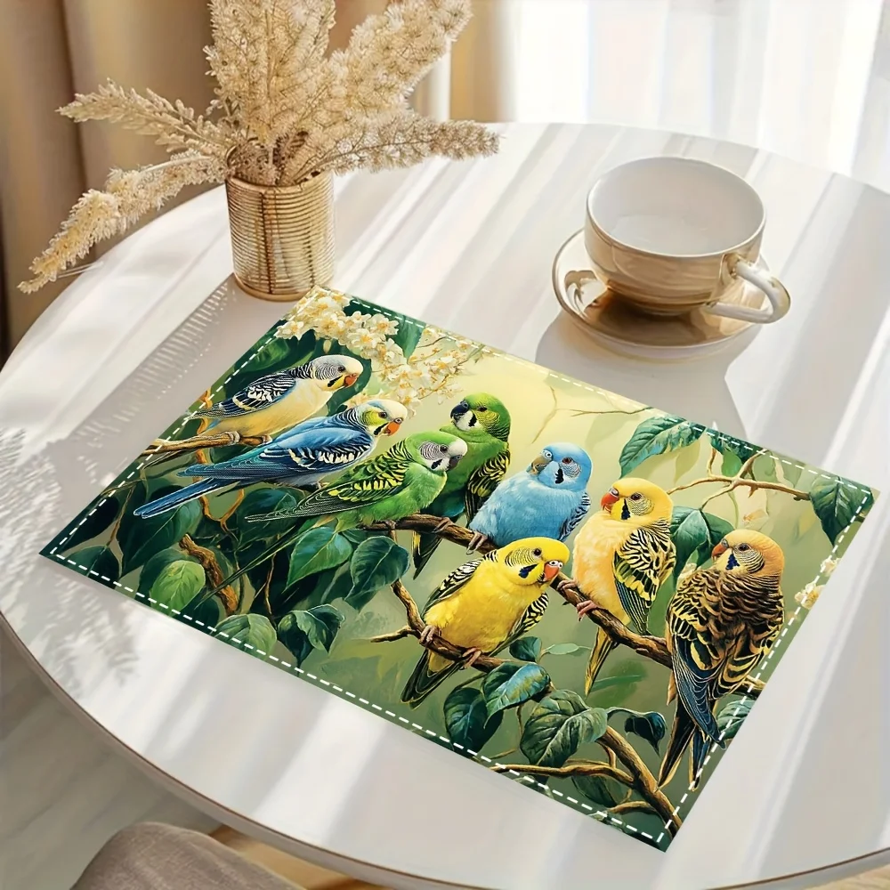2pc Linen Place Mats With Parrot Perch Branch Designx Inches Vibrant Tropical Bird & Floral Patterns For KitchenDining RoomAnd P