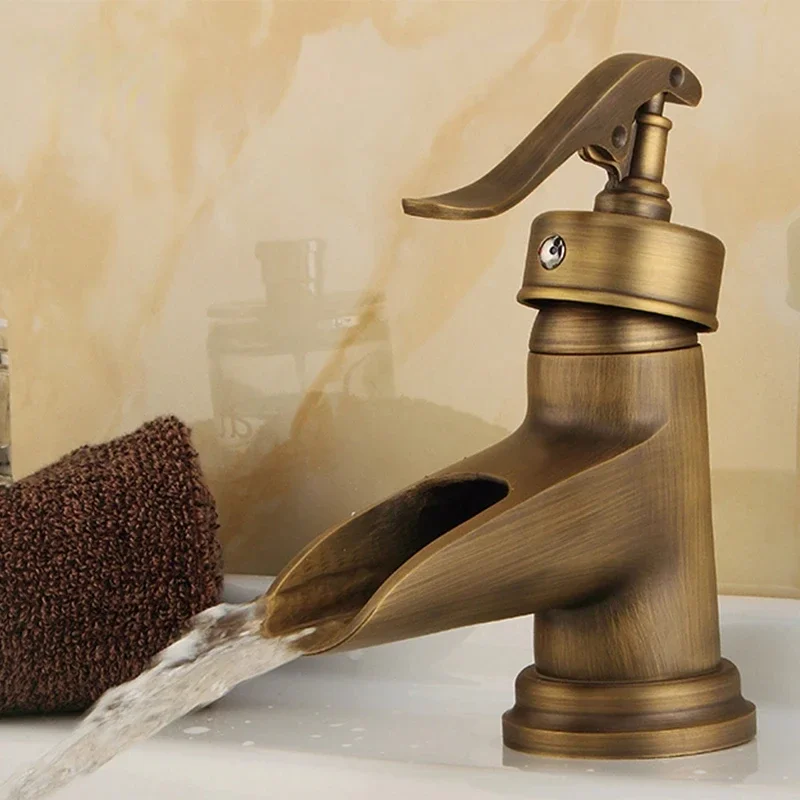Basin Faucets Antique Brass Waterfall Bathroom Vessel Sink Faucet Single Handle Deck Wash Mixer Water Tap WC Taps
