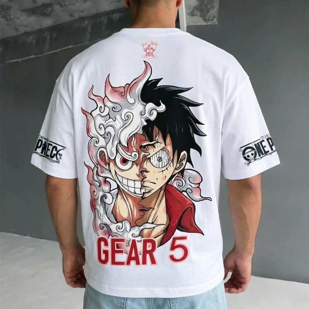 One Piece Luffy Gear 5 Split Face Anime T-Shirt Herren Streetwear Oversized Kurzarm Baumwoll-Tees Unisex Casual Tops