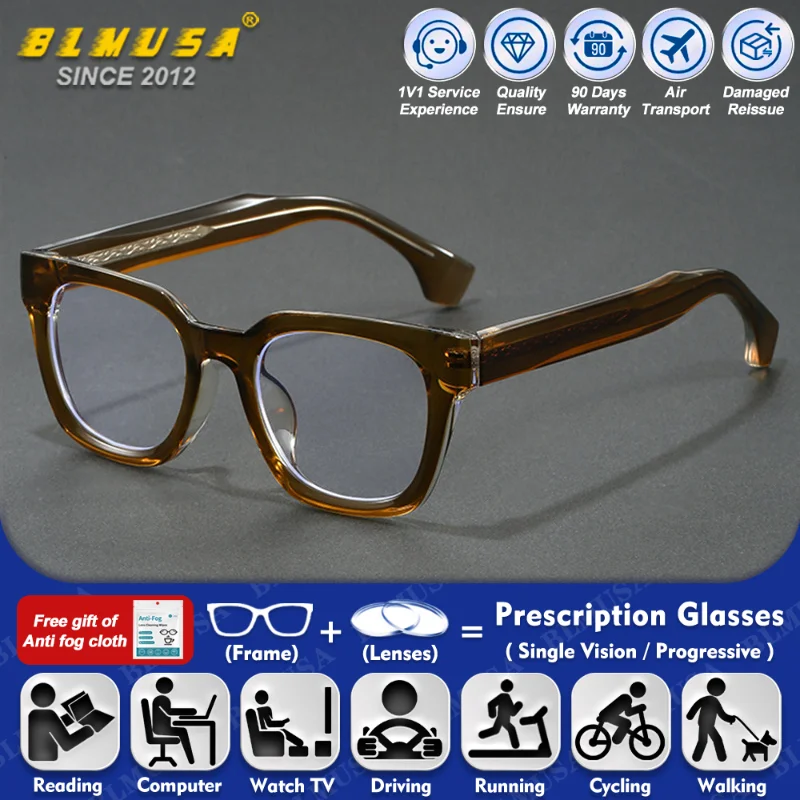 

BLMUSA (XL) Business Men Square Myopia Polarized Prescription Glasses Anti Blue Ray Progressive Photochromic Computer Eyeglasses